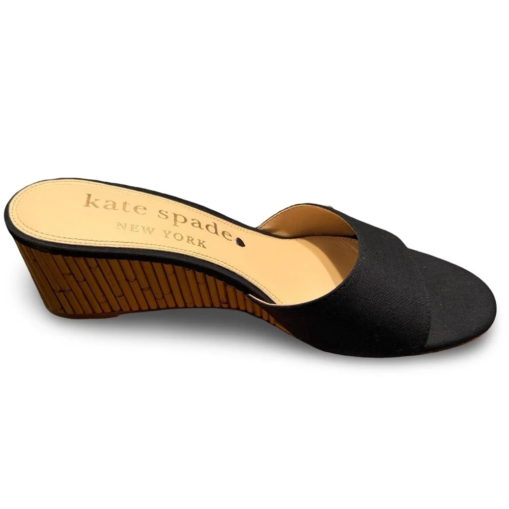 Kate Spade Meena Black Canvas Bamboo Wedge Slide Sandals K8294-1 Sz 7.5 B